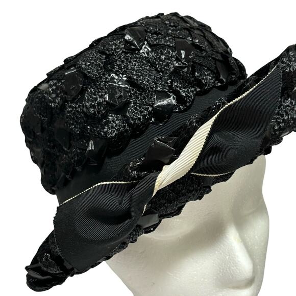 Ladies black straw fedora hat woven white hatband trim bow dressy mid century - Picture 3 of 8